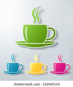 cup of hot drink (tea, coffee) paper sticker icon set