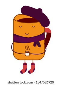 Cup of hot drink tea or coffee doodle cute character. Adorable cartoon cup with hat and scarf in socks holding another hot cup. Cozy autumn mood vector illustration. Hand-drawn sticker