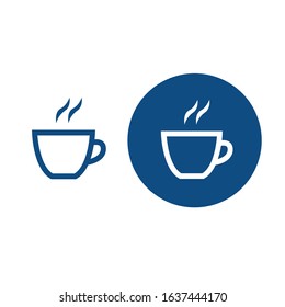 A cup of hot drink. Tea or coffee. Lunch break symbol. Two options. Vector blue icons.