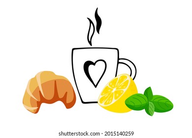 Taza de bebida caliente, té, café, cacao con menta, limón y croissant. Té tradicional. Taza de boceto de té. Diseño para invitaciones a fiestas, bocadillos, pancartas, publicidad en cafés o restaurantes, decoración casera.