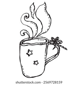 A cup with a hot drink, from which steam comes, and on it are drawn two stars and the handle is tied with a bow