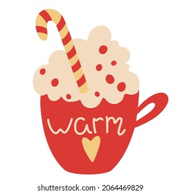 Cup with a hot drink and whipped cream. Hand drawn cup of tea, coffee or chocolate and candy cane. Hand Draw Warm seasonal drink. Vector cartoon hand draw illustration on a white background. 