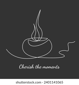 Cup of hot drink white line art on a dark background. Inscription Cherish the moments. Chalk drawing on a blackboard. Flat style, vector