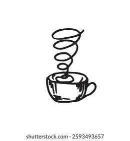 cup with hot drinks coffee tea with decorative elements curl composition vector graphics doodle hand drawn illustration base for textile design tableware and printing