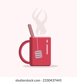 a cup of hot fragrant tea with a bag in a red cup