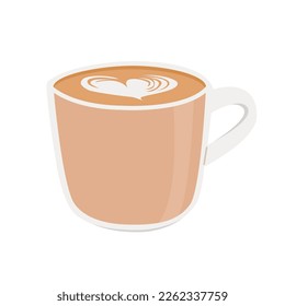 Taza de capuchino fresco caliente. Tapón de café árabe marrón con espuma y arte de café con leche encima. Ilustración vectorial dibujada a mano plana de color aislada en fondo blanco.