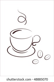 Cup of hot and fresh coffee with coffee beans, vector illustration