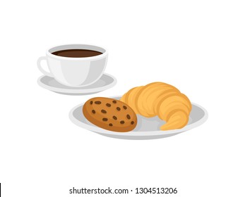 Cup of hot fresh coffee and plate with chocolate chips cookie and croissant. Delicious breakfast. Flat vector design