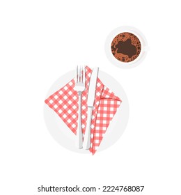 Cup of hot fresh espresso and a plate with a checkered napkin and serving utensils. Mug of arabic coffee with foam on top. Vector illustration isolated on white background