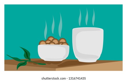A cup of hot green tea with a cup of cookies with green background, Vector.