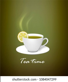 cup of hot green tea with lemon, vector 