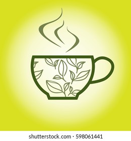 Cup of hot green tea over yellow background. Vector illustration background for cafe, bistro, restaurant, bars menu card.  Food and drink abstract design
