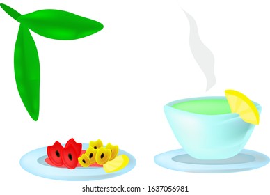 А cup of hot green tea with a slice of lemon, next to a saucer is a jam of red and yellow cherries, on a white background