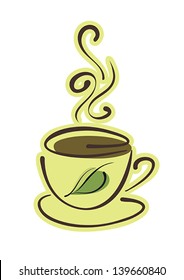 Cup of hot herbal tea with green leaf decoration on white background. Vector eps10 illustration. Raster file included in portfolio