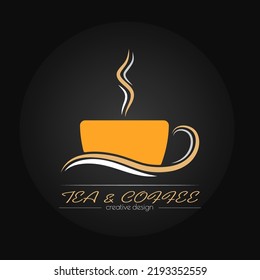 A cup of hot invigorating coffee or tea. An illustration template for a menu, logo, sticker, brand or label. Icon for websites and applications. Flat style
