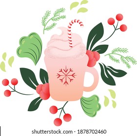 Cup of hot sweet cacao flat design. Christmas, new year vector isolated illustration on white background. Concept for logo, print, cards, menu