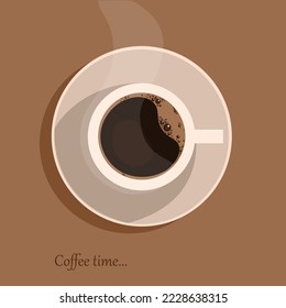  Cup of hot tasty coffee on brown background. Great element for your foot design. Coffee break concept. Season drink. 