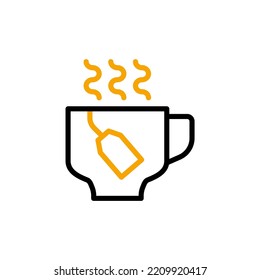 Taza de té caliente con un icono de la línea de concepto de bolsos. Ilustración de elemento simple. Taza de té caliente con un diseño de símbolo de contorno de bolso.