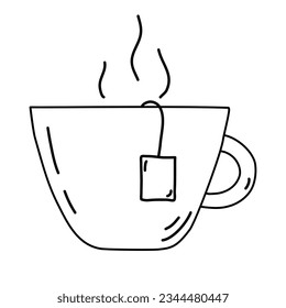 Cup with hot tea, tea bag label, steam over cup, doodle style flat vector outline for coloring book