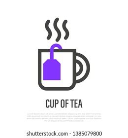 Cup of hot tea with tea bag thin line icon. Vector illustration.