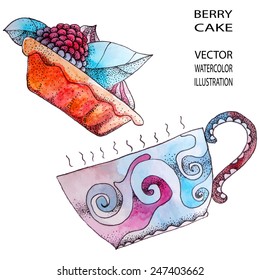 Cup of hot tea and berry cake - watercolor illustration in vector format