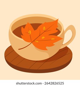 Cup of hot tea with bright orange leaf on wooden coaster. Warm fall tones and cozy atmosphere. Part of a hand-drawn autumn illustration set