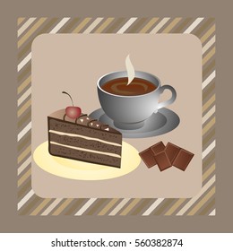 The cup of hot tea and chocolate cake located against a dark background with a frame