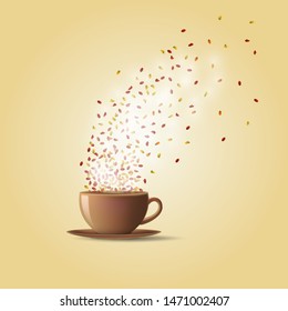 A cup of hot tea or coffee with autumn leaves. Vector illustration.