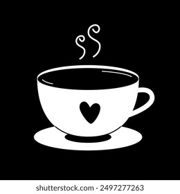 Cup of hot tea or coffee. Black and white vector illustration of dishes. Drawing of teacup with steam. Icon of mug with saucer