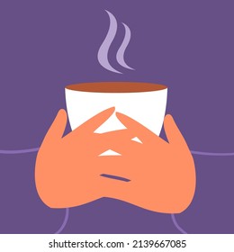 Taza de té caliente en las manos. Deliciosa y cálida bebida casera. Feliz estilo de vida. Ilustración vectorial plana
