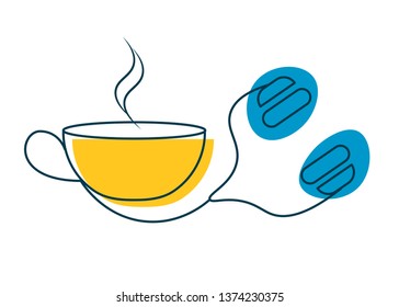 Cup of hot tea or coffee and headphones outline vector icons for e-learning concept, online education vector icons for webinar, training, mobile application, virtual class landing, e-book, audio book