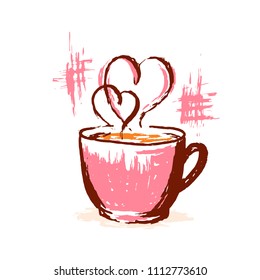 Cup of hot tea or coffee with hearts vintage greeting card, invitation, poster, banner, logo. Coffee or tea shop, cafe, restaurant advetisement or menu. For marriage day or St.valentines day