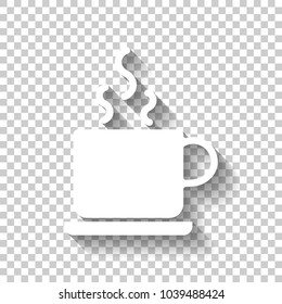 cup of hot tea or coffee icon. White icon with shadow on transparent background