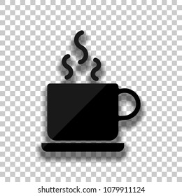cup of hot tea or coffee icon. Black glass icon with soft shadow on transparent background