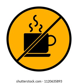 cup of hot tea or coffee icon. not allowed, black object in warning sign with orange background color