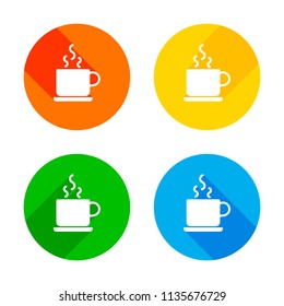 cup of hot tea or coffee icon. Flat white icon on colored circles background. Four different long shadows in each corners