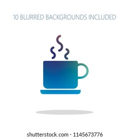 cup of hot tea or coffee icon. Colorful logo concept with simple shadow on white. 10 different blurred backgrounds included
