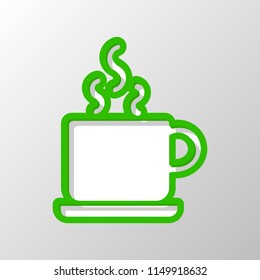 cup of hot tea or coffee icon. Paper style. Cut symbol with green bold contour on shape and simple shadow