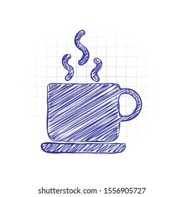 cup of hot tea or coffee icon. Hand drawn sketched picture with scribble fill. Blue ink. Doodle on white background