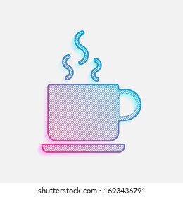 cup of hot tea or coffee icon. Colored logo with diagonal lines and blue-red gradient. Neon graphic, light effect