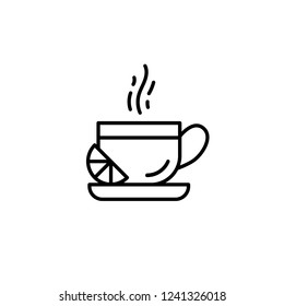 Cup of hot tea or coffee with lemon slice outline icon. Vector illustration with editable stroke. For branding, coffee shop, restaurant, menu, beekeeping, banner, card.