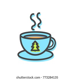 Cup of hot tea or coffee, mug of blue color with image of evergreen Christmas tree on it, warm drink in cold weather isolated on vector illustration