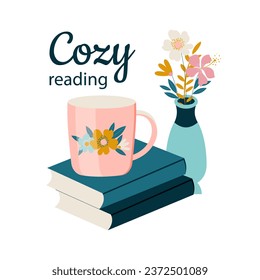 Eine Tasse heißen Tee oder Kaffee auf einem Stapel Papierbücher. Gemütliches, gesundes Lesen zu Hause oder in der Bibliothek. Selbstbildung. Vektorgrafik.