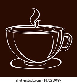 Taza de té o café caliente con vapor aislado sobre fondo marrón. Icono de esquema dibujado. Logo para una cafetería, cafetería o restaurante