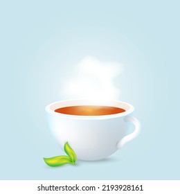 Cup of hot tea or coffee with white steam and green leaf. Blue background.