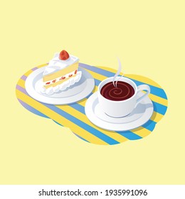 Cup of hot tea, delicious strawberry whipped cream cake.Sweet bakery and hot drink.Vector illustration 