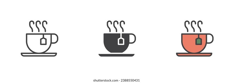 Eine Tasse heißen Tees mit anderen Symbolen. Linie, Glyph und gefüllte Umrissversion, Umriss und ausgefülltes Vektorzeichen. Symbol, Logo-Abbildung. Vektorgrafik