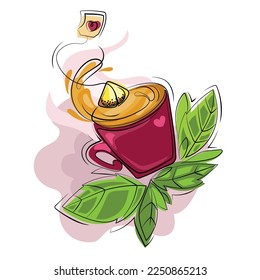 Cup of hot tea drink with green tea leaves emblem,logo,sticker,icon design template on white background vector creative illustration.Color magenta tea mug with heart.