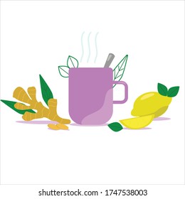 Tasse heißen Tees mit Ingwer und Zitrone einzeln auf weißem Hintergrund. Vektorgrafik.