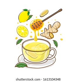 Cup of hot tea ginger lemonade mix honey . Vector illustration.